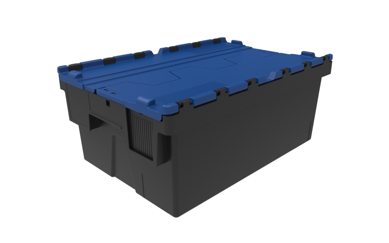 Mehrweg-Stapelbehälter, LxBxH 600x400x250 mm, schwarz, Deckel blau