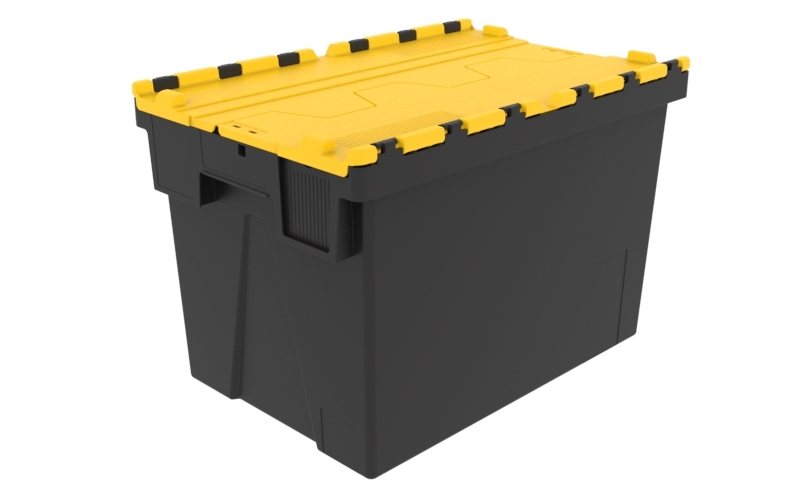 Mehrweg-Stapelbehälter, LxBxH 600x400x400 mm, schwarz, Deckel gelb