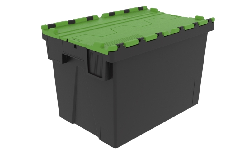 Mehrweg-Stapelbehälter, LxBxH 600x400x400 mm, schwarz, Deckel grün