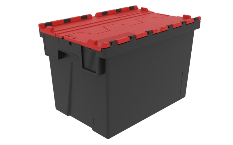 Mehrweg-Stapelbehälter, LxBxH 600x400x400 mm, schwarz, Deckel rot