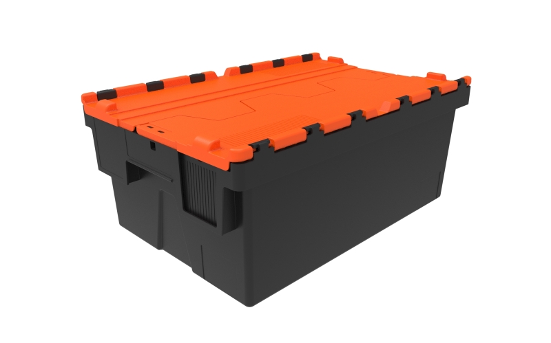 Mehrweg-Stapelbehälter, LxBxH 600x400x250 mm, schwarz, Deckel orange
