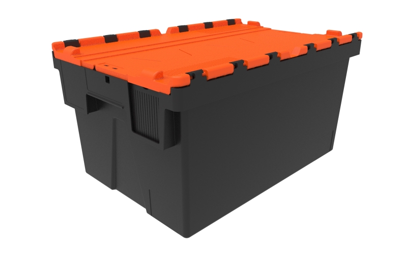 Mehrweg-Stapelbehälter, LxBxH 600x400x310 mm, schwarz, Deckel orange